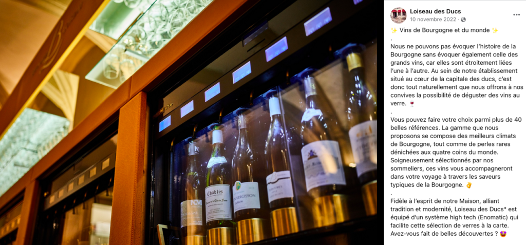 Distributeur de vin au verre Enomatic chez Loiseau des Ducs - Groupe Bernard Loiseau à Dijon